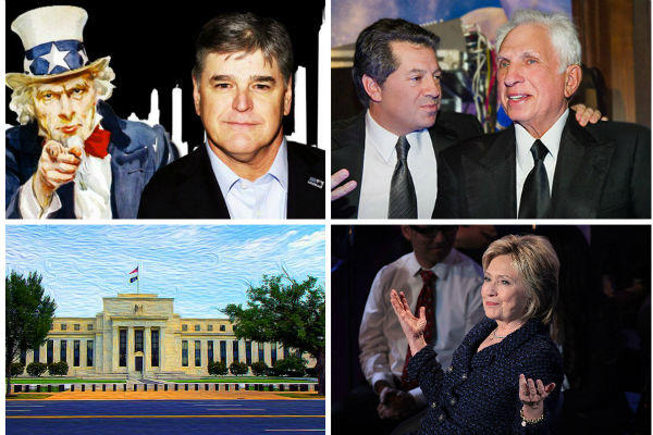 Clockwise from top left: Sean Hannity purchases raise concerns about LLCs, SL Green founder and chairman steps down (Credit: Steve Friedman), Hillary Clinton asks RE firms to support Gateway (Credit: Gage Skidmore) and Fed holds interest rates steady.