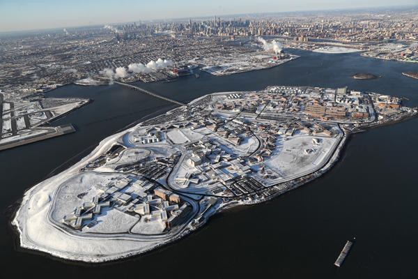 An aerial view of Rikers Island, which sits in the East River between Queens and the Bronx