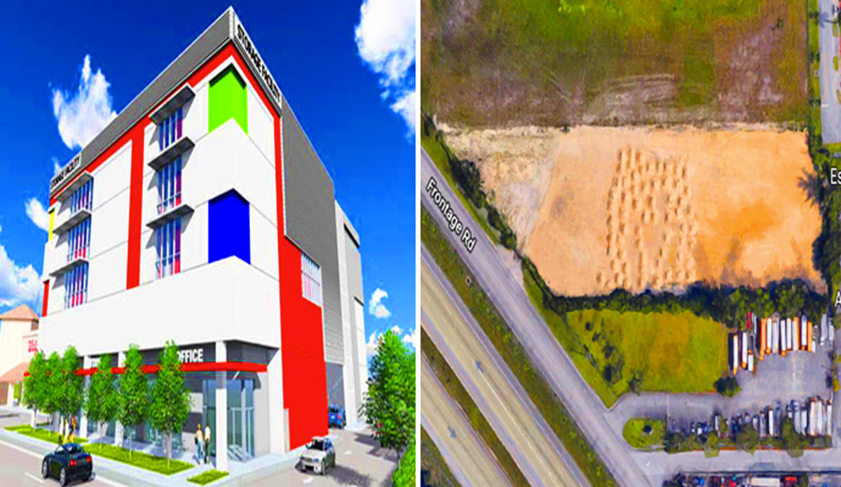 Self-storage rendering for project near Coral Gables and aerial view of the land in Hialeah Gardens