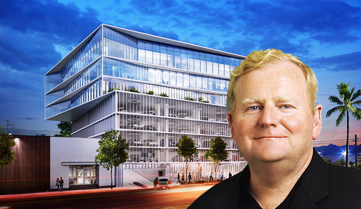 SiriusXM chief executive James Meyer, and a rendering of the office building at 953 N. Sycamore Ave.