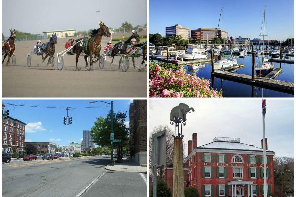 <em>Clockwise from top left: The Yonkers Raceway, the Stamford Harbor Marina (credit: John), The Elephant Hotel (credit: Daniel Case), and Main Street and Huguenot Street in New Rochelle (credit: DanTD).</em>