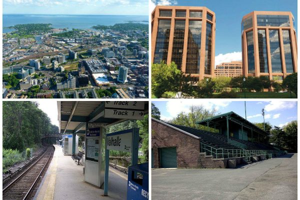 Clockwise from top left: Luxury development to replace iconic Stamford tower, Martin Ginsburg secures loan for "City Square" in White Plains, Memorial Field grandstand demolition begins, GHP Office Realty buys Valhalla office buildings