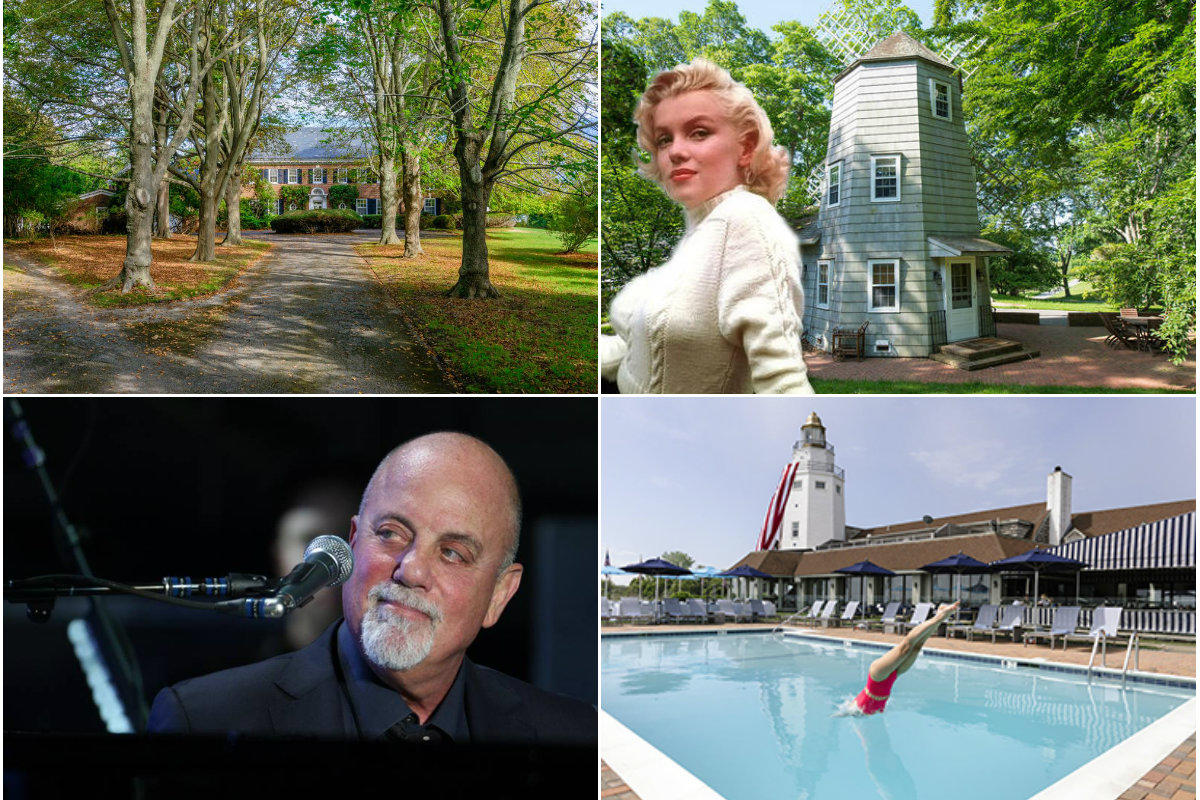 Clockwise from top left: Water Mill home slashes price down to $22.5 million, Marilyn Monroe's East Hampton cottage on the market for summer renters, Gurney's Resorts buys Montauk Yacht Club ahead of $13M upgrade and plans for Billy Joel's Sag Harbor home strike a chord with town board.
