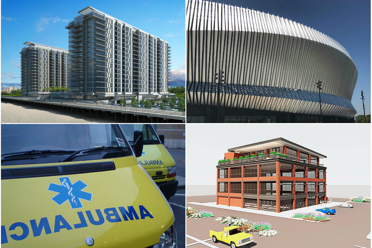 Clockwise from top left: Developer files Long Beach $100M lawsuit as city readies for key vote on apartment project, Nassau Coliseum project decision could spark legal battle, developer proposes $7M redevelopment project Hauppauge industrial park and $9.5M Mastic Beach ambulance headquarters to be completed by the fall.