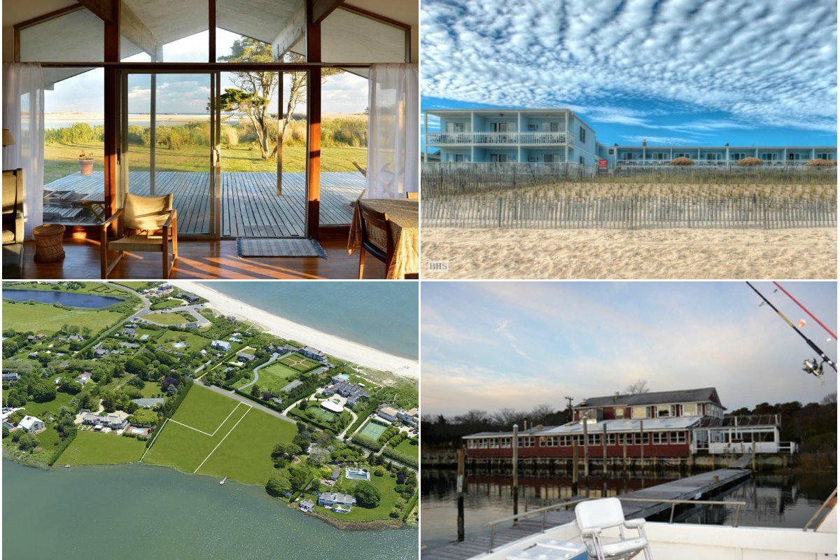 Clockwise from top left: Georgica Pond waterfront compound sells for $8M lower than ask, price for Montauk's Ocean Surf Resort drops to $22M, Southampton wants to buy Lobster Grille Inn site listed for $9.9M and empty East Hampton plots once owned by David Geffen sell for combined $24M.