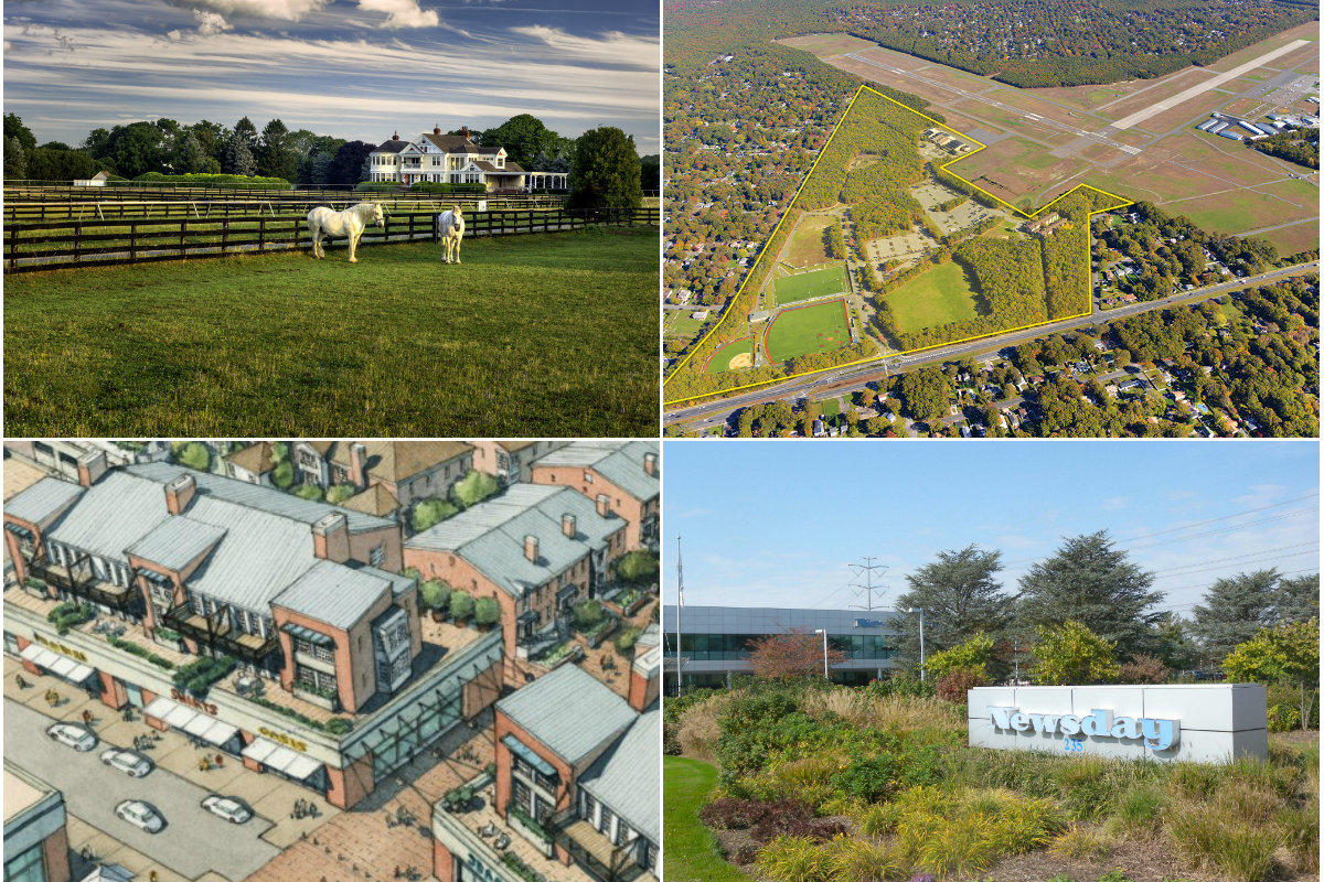 Clockwise from top left: New owners of Martha Clara Vineyards want to bring luxury homes and eateries to 205-acre site, Bankrupt Dowling College gets $14M cash bid for Brookhaven campus, Newsday's Melville HQ put up for sale and Syosset Park developer to pay for independant environmental study.