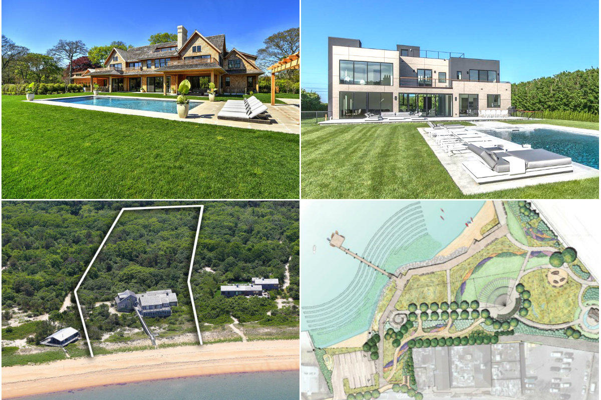 Clockwise from top left: East Hampton home with water views lists for $17.5M, Newly built Sagaponack home sells for $11.5M after four months on the market, Sag Harbor reaches deal with developer to build waterfront park, and Amagansett home on 5 acres of waterfront lists for $12.5M.