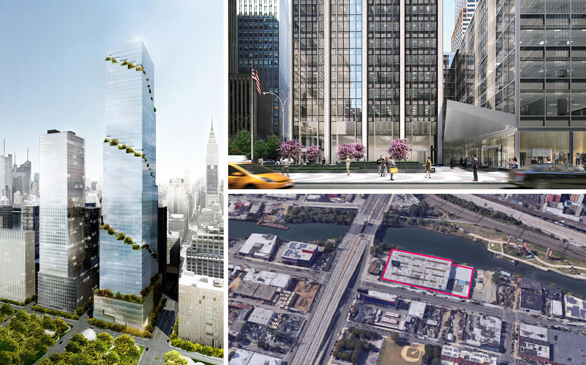 Clockwise from left: A rendering of 66 Hudson Boulevard, 1271 Sixth Avenue and 1271 Sixth Avenue