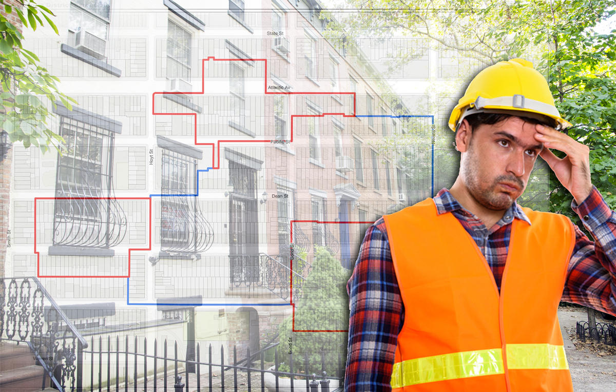 Front to back: a construciton worker, a map of Boerum Hill's new district, and Boerum Hill (Credit: iStock, New York Landmarks Preservation Commission, and Wikipedia)