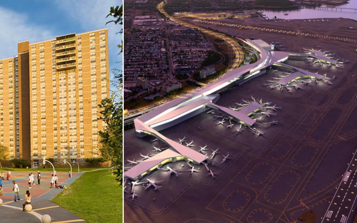 Spring Creek Towers at 1255 Pennsylvania Avenue in Brooklyn and a rendering of the new LaGuardia Airport (Credit: Spring Creek Towers and New York Governor Andrew Cuomo's Office)