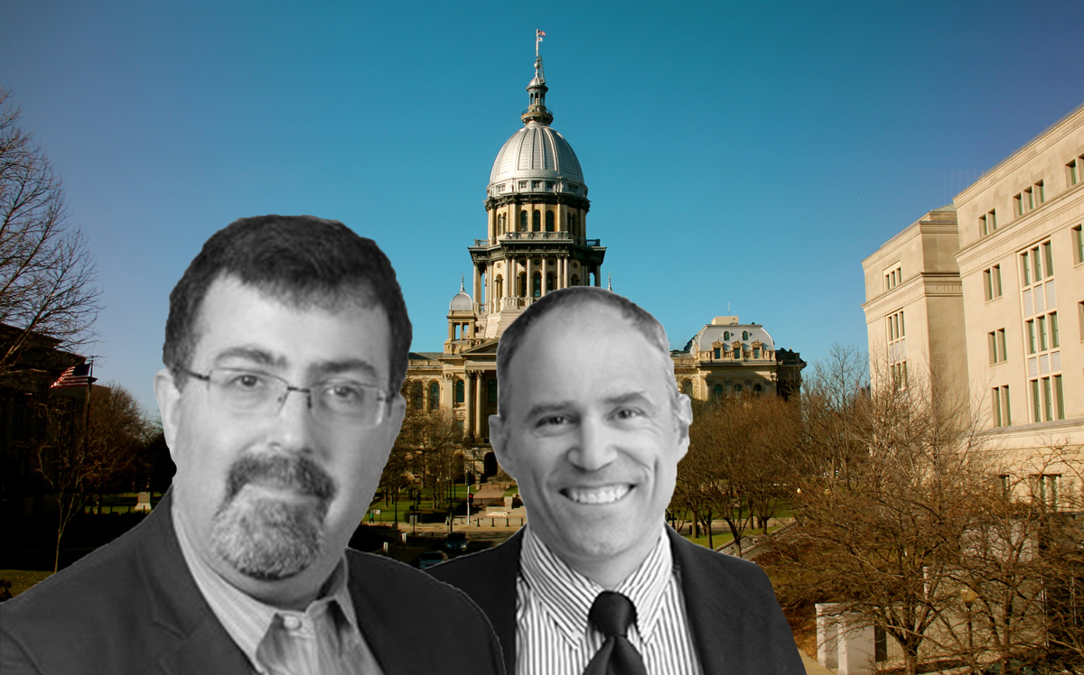 From left to right: Director David Block of Evergreen Real Estate Group, Attorney Darryl Jacobs, and the Illinois State Capitol (Credit: Evergreen REG, Ginsberg Jacobs LLC, and Daniel X. O'Neil via Flickr)