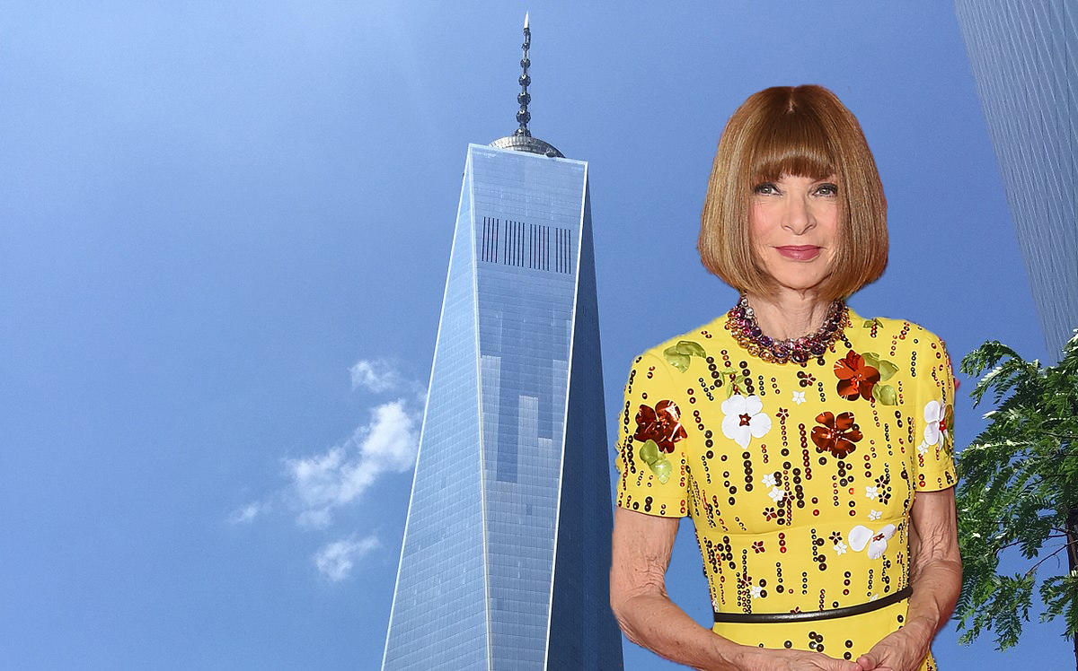 Condé Nast's Anna Wintour and 1 World Trade Center at 285 Fulton St (Credit: Getty Images and Wikipedia)
