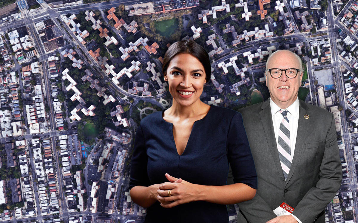 Alexandria Ocasio Cortez, Joe Crowley, and the Parkchester Housing Complex at 2000 East Tremont Avenue in the Bronx (Credit: Getty Images and Google Maps)