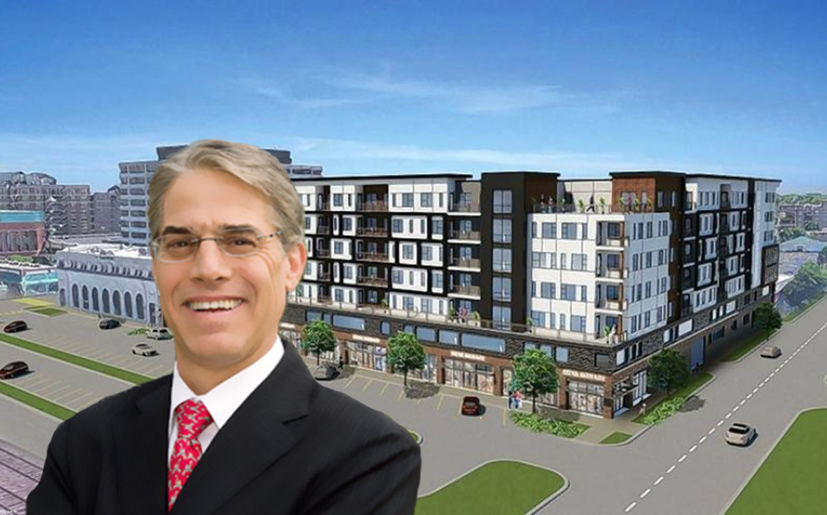 Dennis Thompson and a rendering at at Ellinwood and Graceland Avenues in Downtown Des Plaines (Credit: Bayview Holdings and Des Plaines)