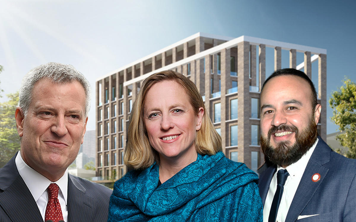 From the left: Mayor Bill de Blasio, Melinda Katz, Francisco Moya and a rendering of 40-31 82nd Street in Jackson Heights (Credit: Queens Borough President and Getty Images)