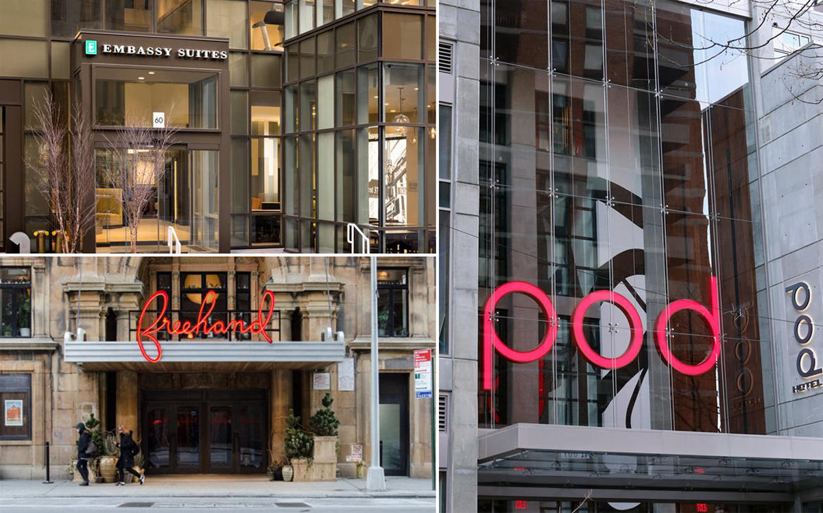 Clockwise from top left: Embassy Suites at 60 W 37th St, The Pod Hotel at 400 W 42nd St. and Freehand NY Hotel at 23 Lexington Avenue (Credit: Embassy Suites by Hilton, Booking, and TripAdvisor)