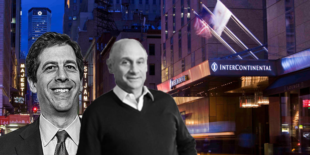 Blackstone Mortgage Trust's Steven Plavin, Tishman Realty Corp's Dan Tishman, and Intercontinental Times Square at 300 W 44th Street (Credit: Blackstone, Catherine Gibbons, and Intercontinental New York Times Square)