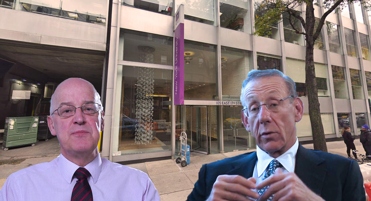 NYU's Andrew Hamilton, Steve Ross, and 105 East 17th Street (Credit: YouTube and Google Maps)