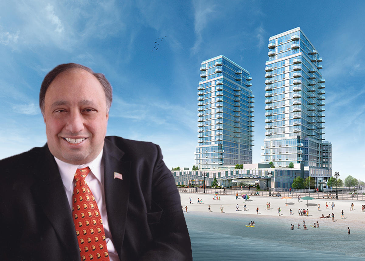 John Catsimatidis and 3514 Surf Avenue in Coney Island (Credit: Getty Images and renderings by Hill West Architects)