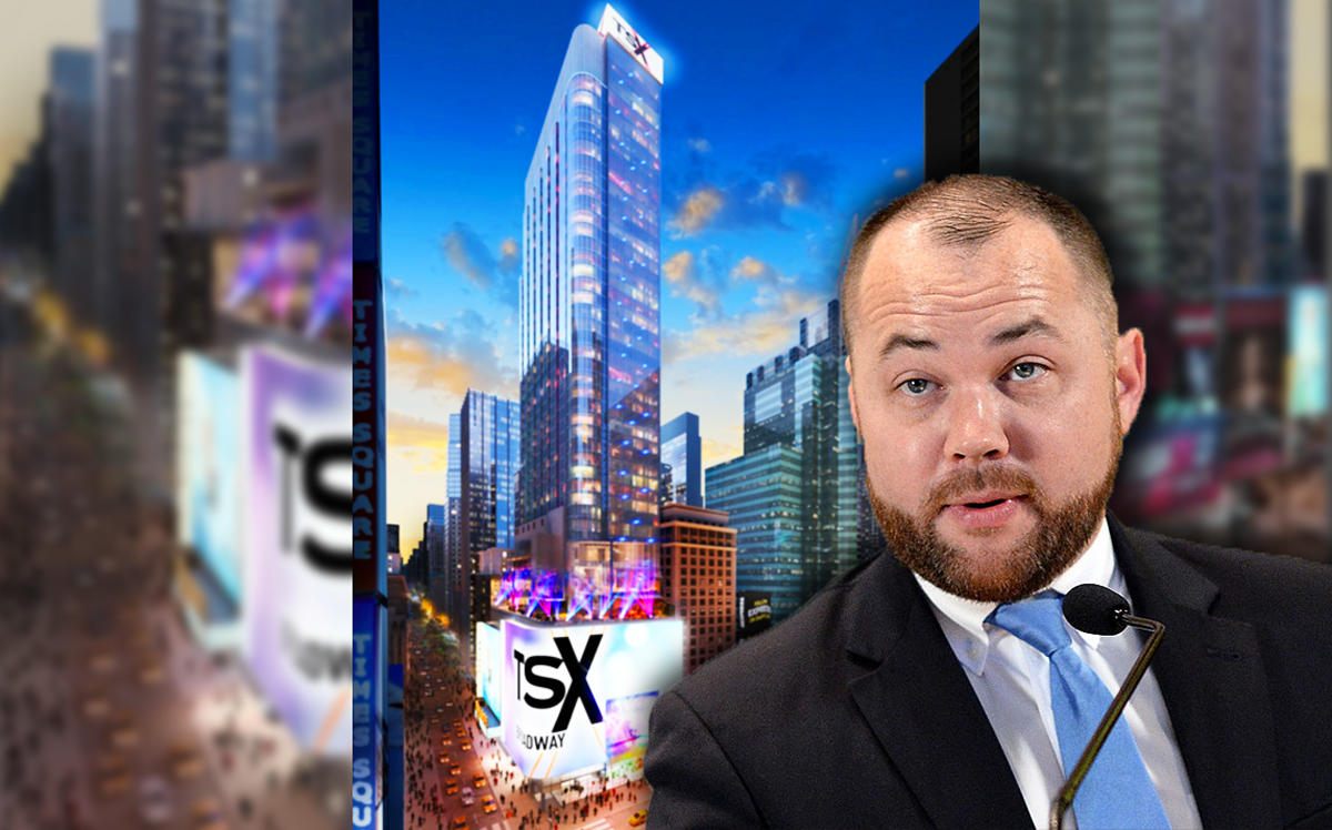 Council Speaker Corey Johnson and a rendering of TSX Broadway (Credit: Getty Images and ArX Solutions)