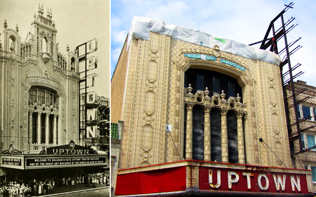 Uptown Theatre in 1928 and Uptown Theatre today (Credit: CharmaineZoe's Marvelous Melange and Richie Diesterheft via Flickr)