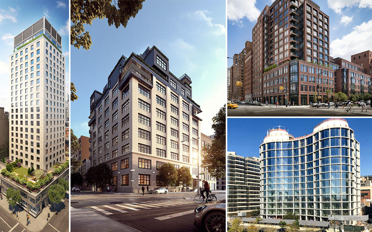 From left to right: 21 East 12th Street, 90 Morton Street, 155 W 11th St (top), and 160 Leroy Street (bottom) (Credit: CityRealty)