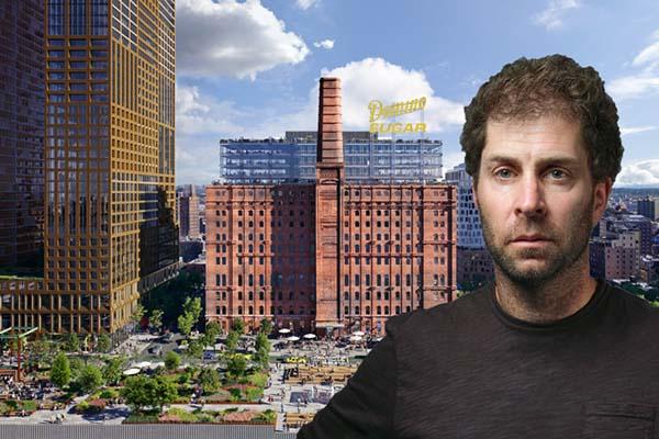 Rendering of Domino Sugar Park (behind) and Two Trees Management's Jed Walentas. (Credit: COOKFOX and Michael McWeeney)