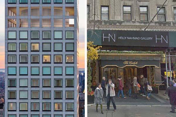 From left: 432 Park Avenue, the Carlyle Hotel with signage for the Helly Nahmad Gallery. (Credit: DBOX, Google Maps photo dated December 2017)