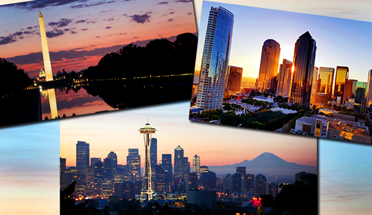 Washington, Dallas, and Seattle skylines (Credit: Pixabay, PxHere, Wikimedia Commons)