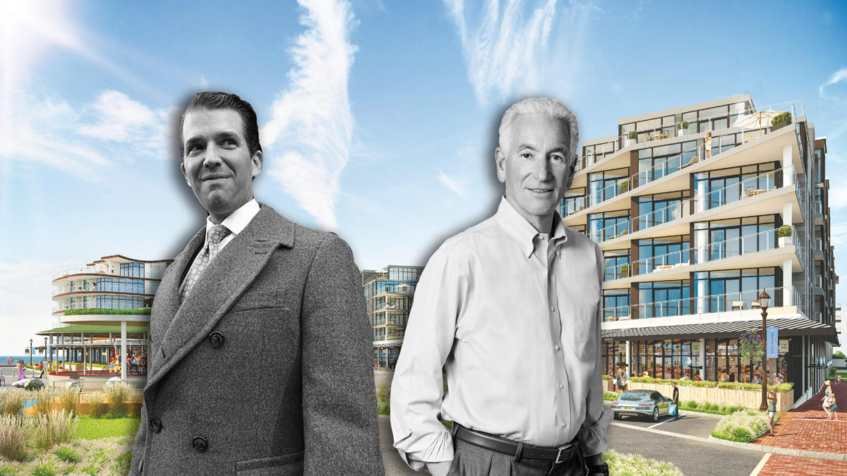 Donald Trump Jr., Charlie Kushner, and a rendering of Pier Village in New Jersey (Credit: Getty Images, Extell, and Kushner)