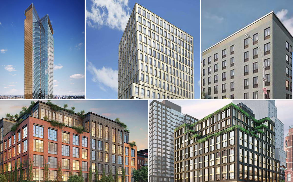 Clockwise from top left: 252 South Street, 242 Broome Street, 62 Avenue-B, 438 East 12th Street, and 196 Orchard Street (Credit: CityRealty and Douglas Elliman)