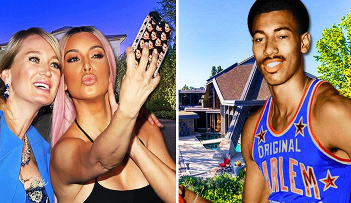 Marina Acton and Kim Kardashian West with the Bel Air home, Wilt Chamberlain and the home (Credit: Getty Images, Douglas Elliman)