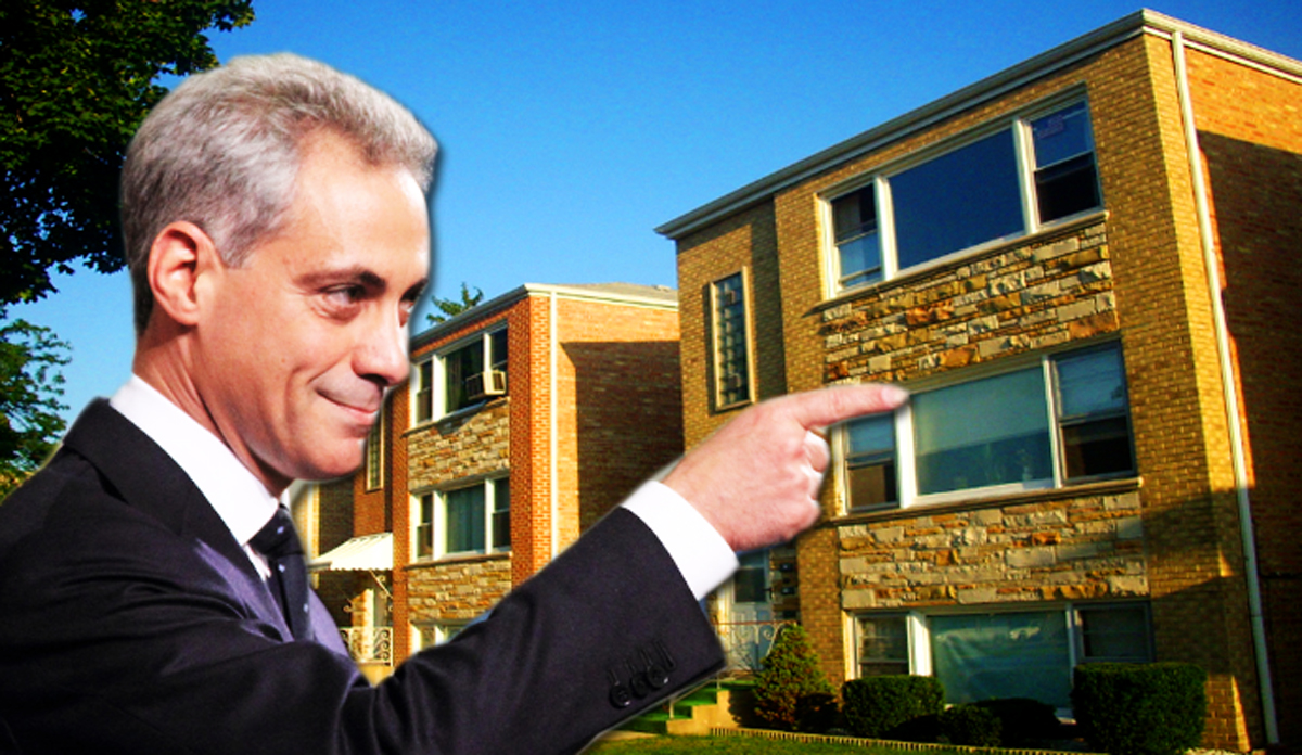 Mayor Rahm Emanuel and Chicago apartment buildings (Credit: Daniel X. O'Neil and katherine of chicago via Flickr)