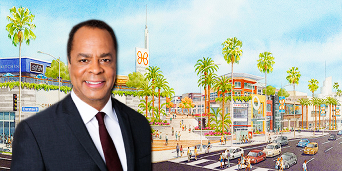 Rendering of redeveloped Baldwin Hills Crenshaw Plaza and Capri Capital Partners exec Quintin Primo (Credit: Department of City Planning)