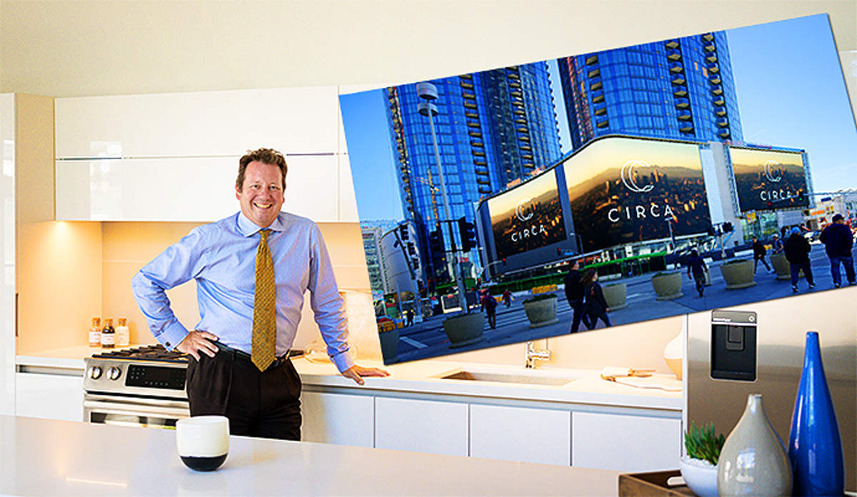Hankey Investment Company president Scott Dobbins in a Circa model kitchen at its leasing office and a photo of Circa's LED screens (Credit: Hunter Kerhart and StandardVision, LLC)