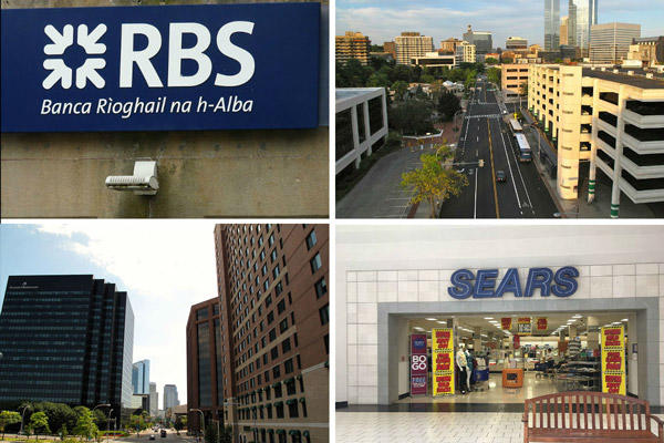 Clockwise from top left: Royal Bank of Scotland selling Stamford building, Developer buys two office buildings in White Plains, Sears stores in Westchester and Fairfield counties won't close, and the new owner of Westchester One tower plans renovation.