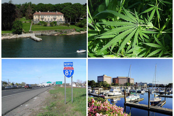 Clockwise from top left: Bob Weinstein sold of his Greenwich home for $17 million, medical marijuana dispensary wins Westport zoning commission approval, new apartment building opens in Stamford (credit: John), and Yonkers City Council adopts budget.