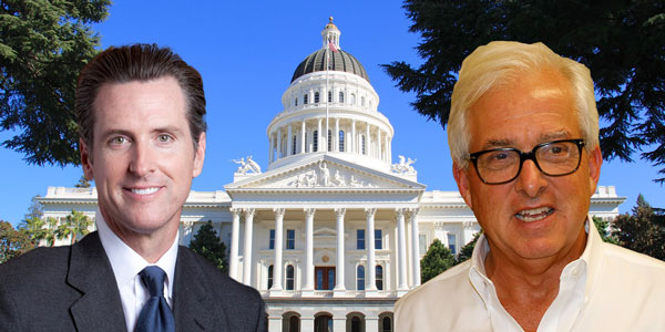 Lt. Governor Gavin Newsom and businessman John Cox, with California State Capitol building (Flickr)
