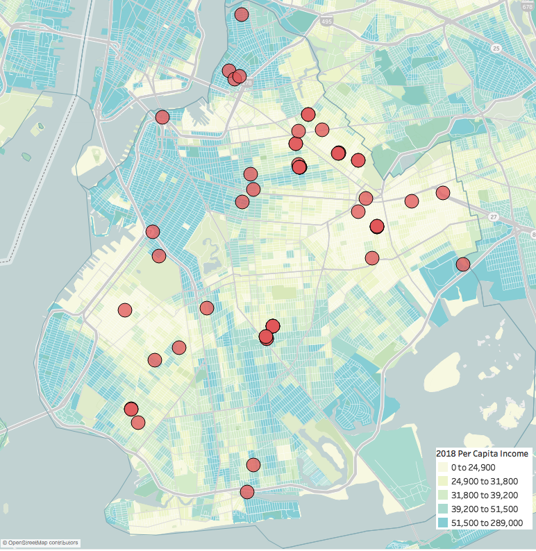 A map of newly permitted apartment buildings in Brooklyn, May 2018 (Credit: Google Maps)