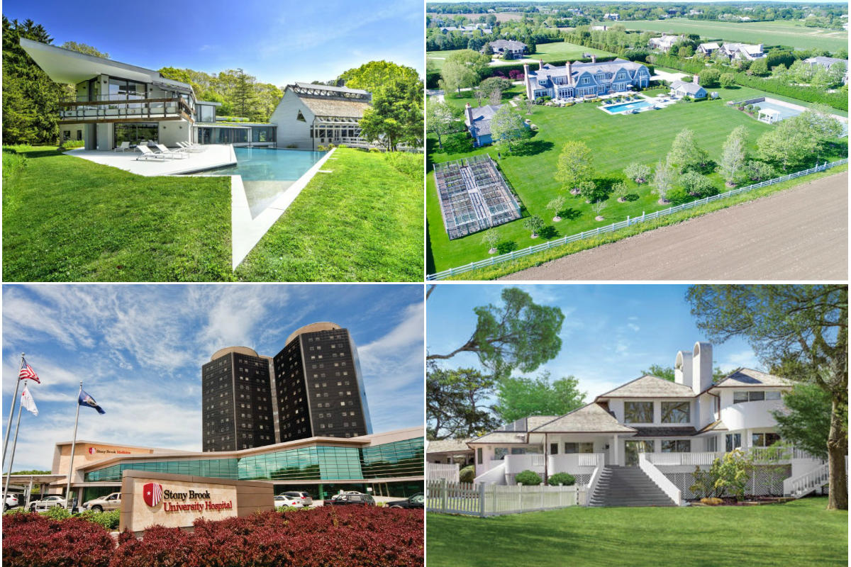 Clockwise from top left: Angular Wainscott home asks for $10.9M, mansion spanning 4.4 acres in Sagaponack lists for $23.95M, Hamptons outskirts draw more buyers and unions try to thwart $250M Southampton hospital project.