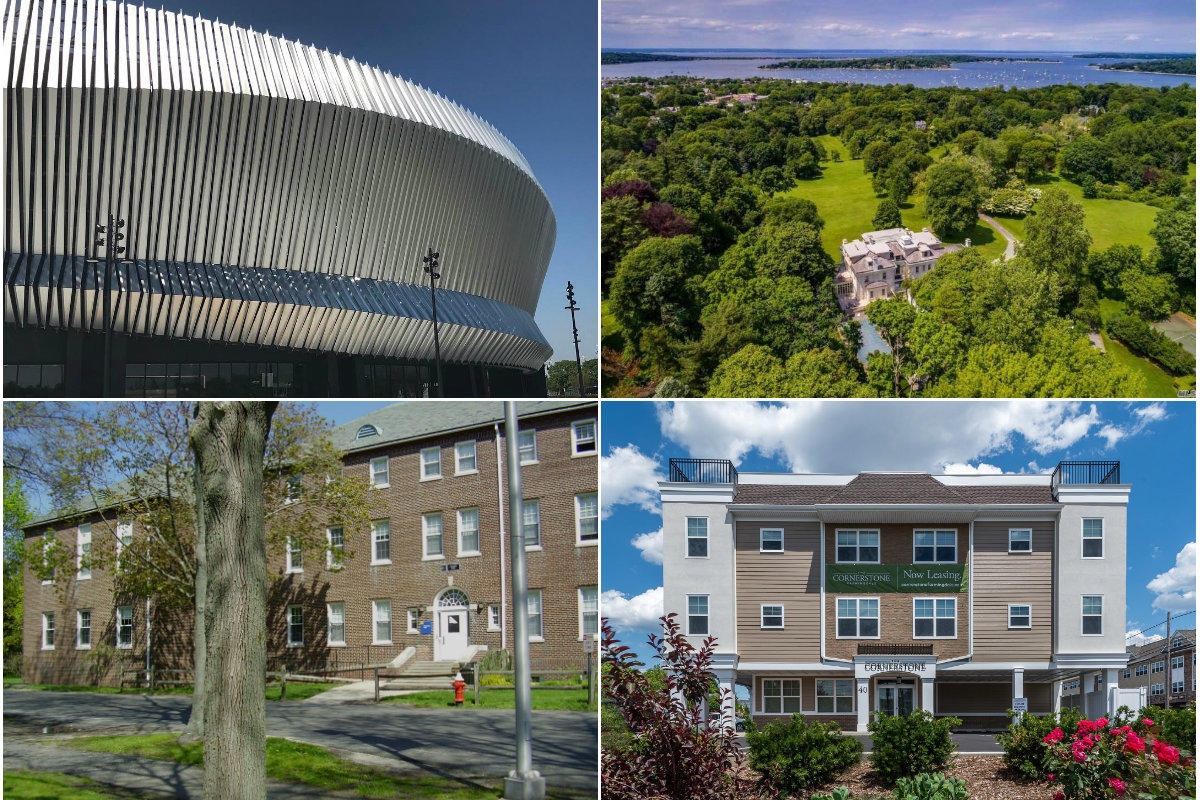 Clockwise from top left: Islanders seek $400K tax break for coliseum renovation, designer Oleg Cassini's home in Oyster Bay on the market for $19.5M, Farmingdale apartment complex to sell for $15.55M and Developer plans 90-acre industral park for Central Islip.
