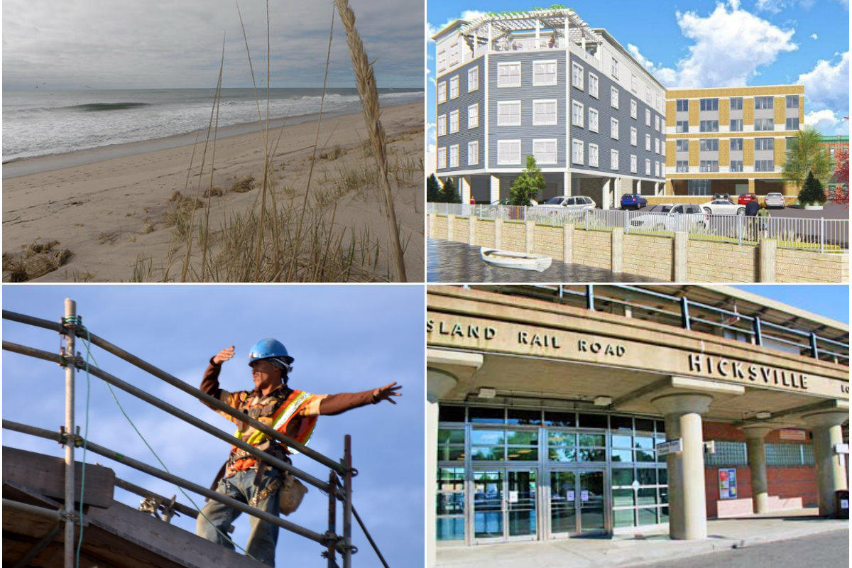 Clockwise from top left: Long Island contractor dies in plane crash off Amagansett beach, more than 900 apply for 45 Peconic Crossing affordable apartments, Hicksville LIRR garage repair costs leap up to $18M and Construction jobs grow on Long Island.