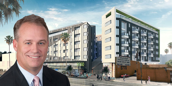 Wood Partners CEO Joseph Keough, and rendering of 5750 Hollywood (Wood Partners, Carrier Johnson + Culture)