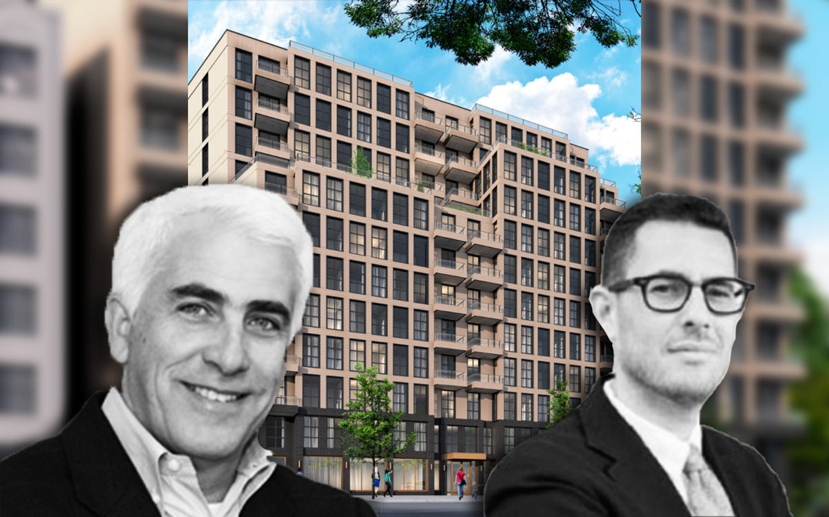LIVWRK's Asher Abehsera, CIM Group's Shaul Kuba, and an old rendering at 111 Montgomery Street (Credit: CIM Group and Karl Fischer)