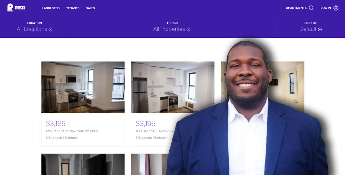 Rezi CEO Sean Mitchell and Rezi apartment listings (Credit: LinkedIn and Rent Rezi)