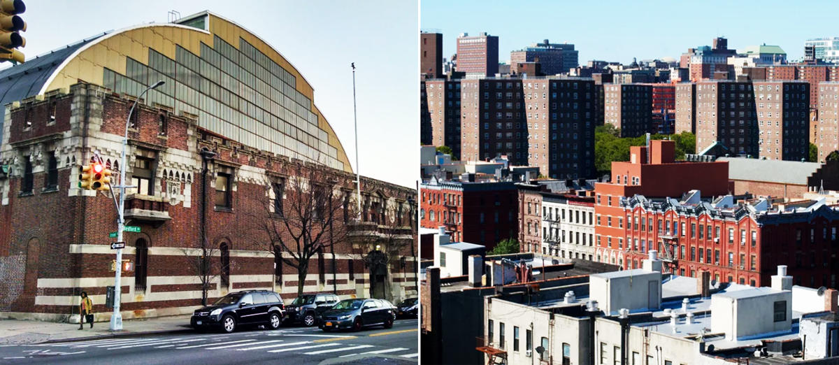 Left to right: Bedford-Union Armory at 1579 Bedford Ave and a view of East Harlem (Credit: JV Santore via Flickr and Esra Realty)