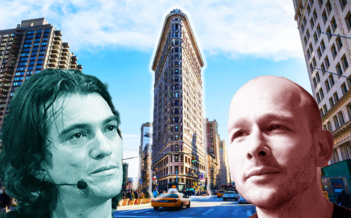 From left: WeWork's Adam Neumann, the Flatiron Building at 175 5th Avenue, and The Office Group's Olly Olsen (Credit: Getty, CityRealty, and Twitter)