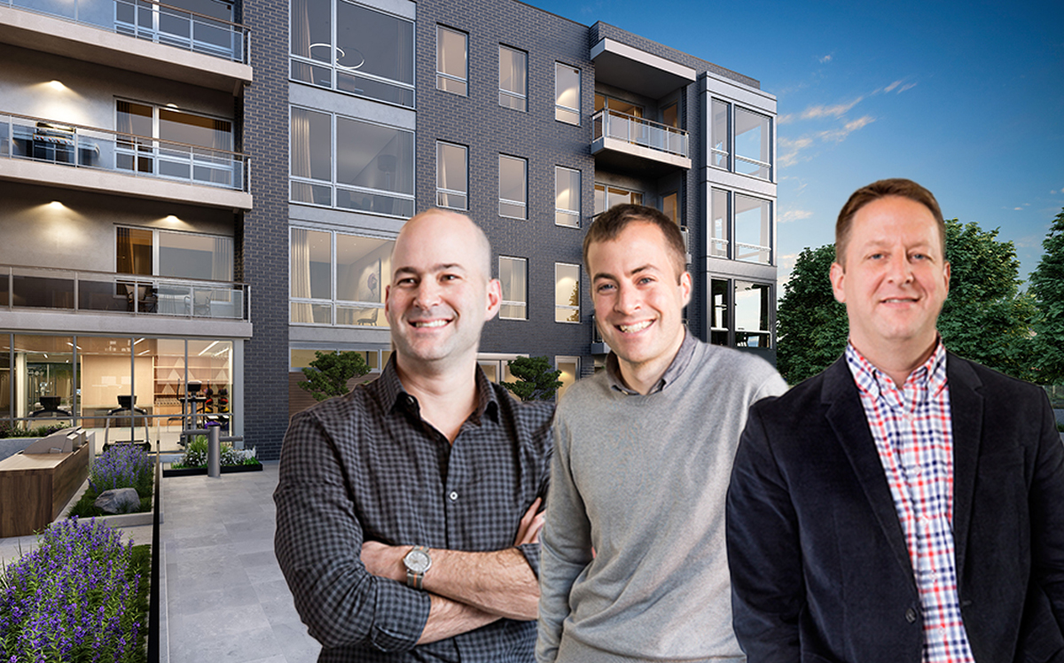 From left: Broder's Eric Svenson, Ben Svenson, and Dana Nielsen and a rendering of Norweta Row at 2611 North Hermitage Avenue (Credit: Broder)