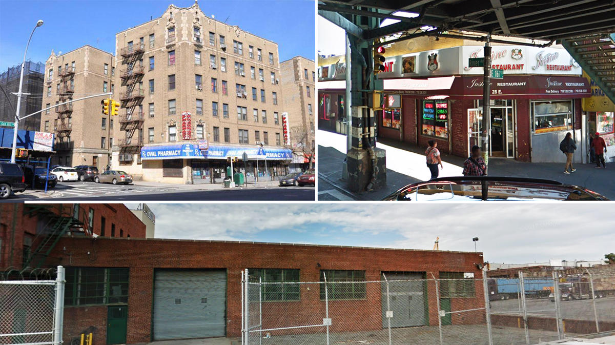 Clockwise from top left: 3508 Kings College Place, 28 East 167th Street, and 433 Bruckner Boulevard (Credit: Google Maps)