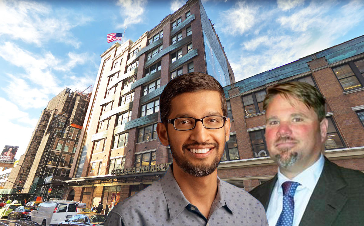 Sundar Pichai and Michael Phillips with Chelsea Market at 75 9th Avenue (Credit: Twitter and Google Maps)